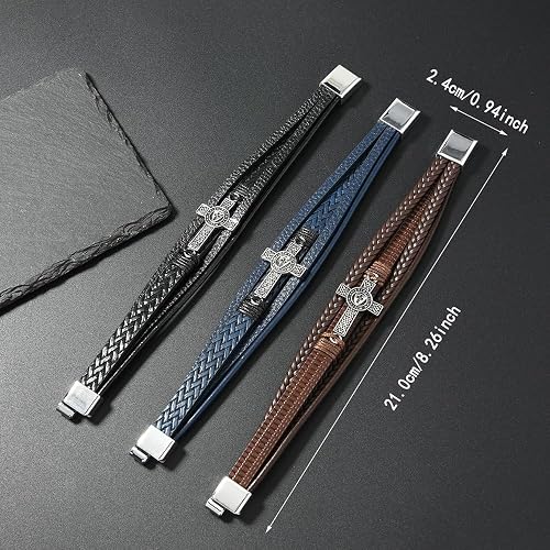 ✝ Men's Vintage Celtic Cross Leather Bracelet Christian Faith Shield Braided Stainless Steel Religious Jewelry Gift
