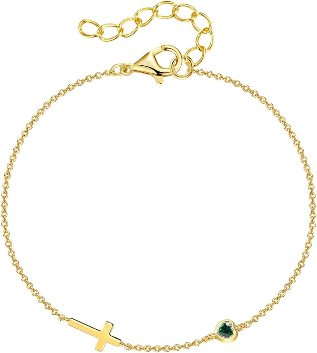 Women's 14K Gold Plated Cross Birthstone Bracelet Aquamarine Christian Jewelry Gift for Mom Wife Grandma