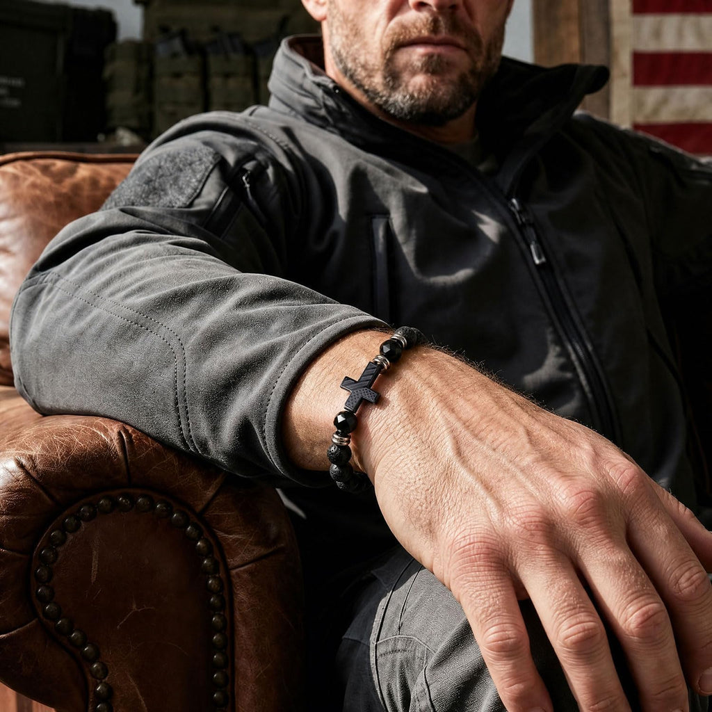 ✝ American Flag Cross Bracelet for Men Patriotic Christian Faith Gift for Dad Husband Veteran