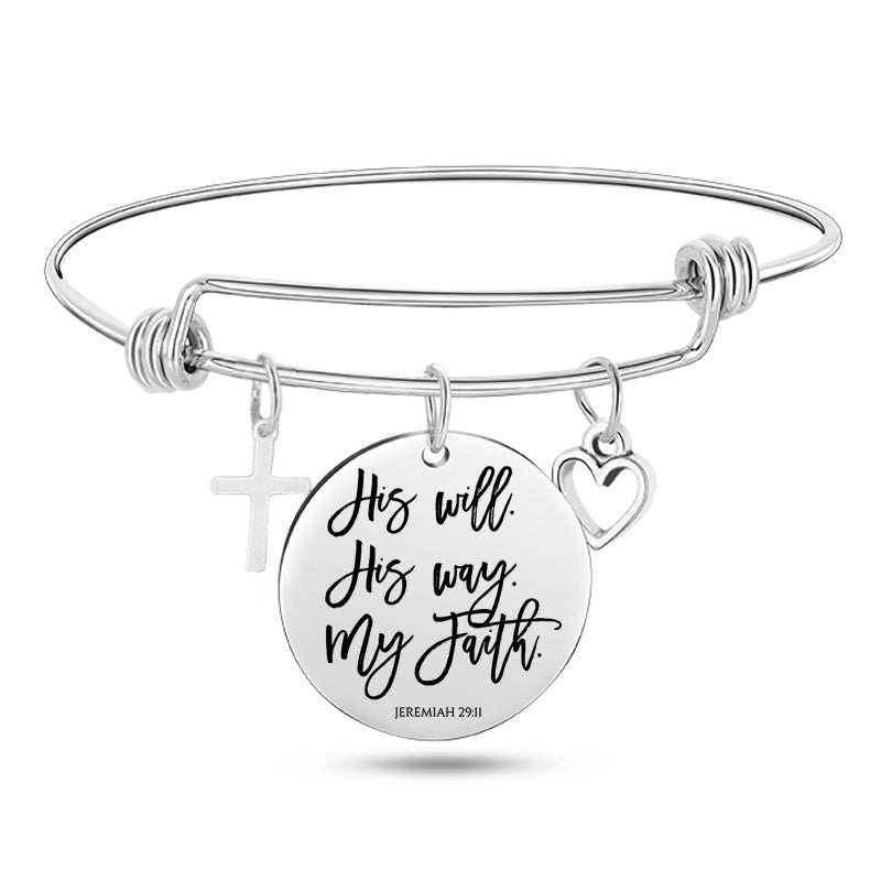 Silver bracelet with a round charm featuring 'His will, His way, My faith' and a cross on a white background