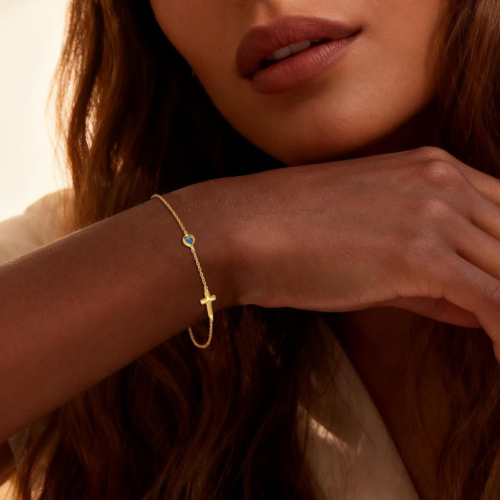 Women's 14K Gold Plated Cross Birthstone Bracelet Aquamarine Christian Jewelry Gift for Mom Wife Grandma