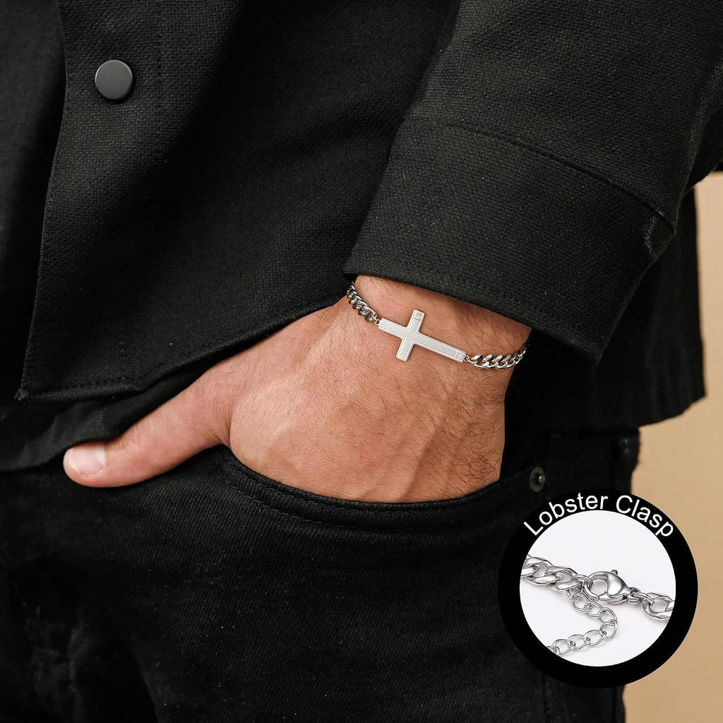 ✝ Men's Stainless Steel Cuban Cross Bracelet 5MM Adjustable Chain Christian Jesus Religious Confirmation Faith Jewelry Gift