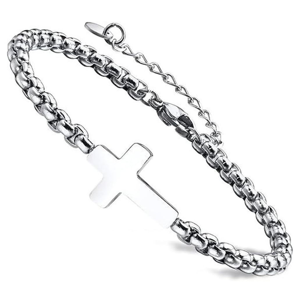 ✝ Cross Bracelet for Men Women Silver Stainless Steel Chain Adjustable Christian Religious Jewelry Gift