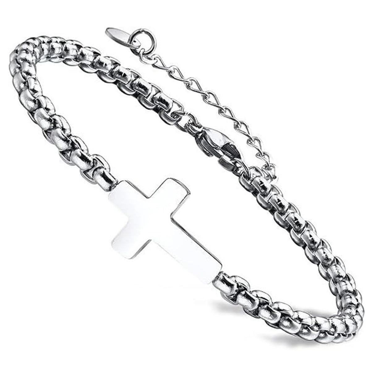 ✝ Cross Bracelet for Men Women Silver Stainless Steel Chain Adjustable Christian Religious Jewelry Gift
