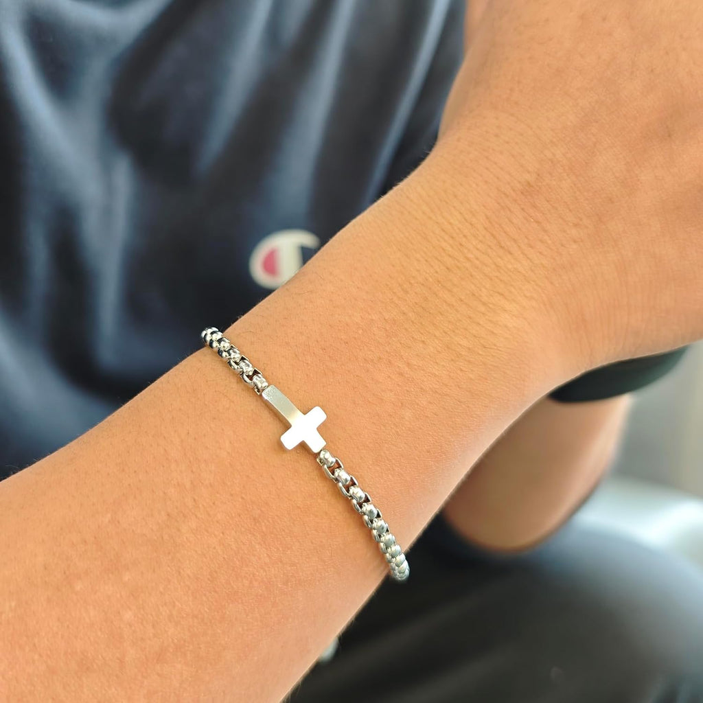 ✝ Cross Bracelet for Men Women Silver Stainless Steel Chain Adjustable Christian Religious Jewelry Gift