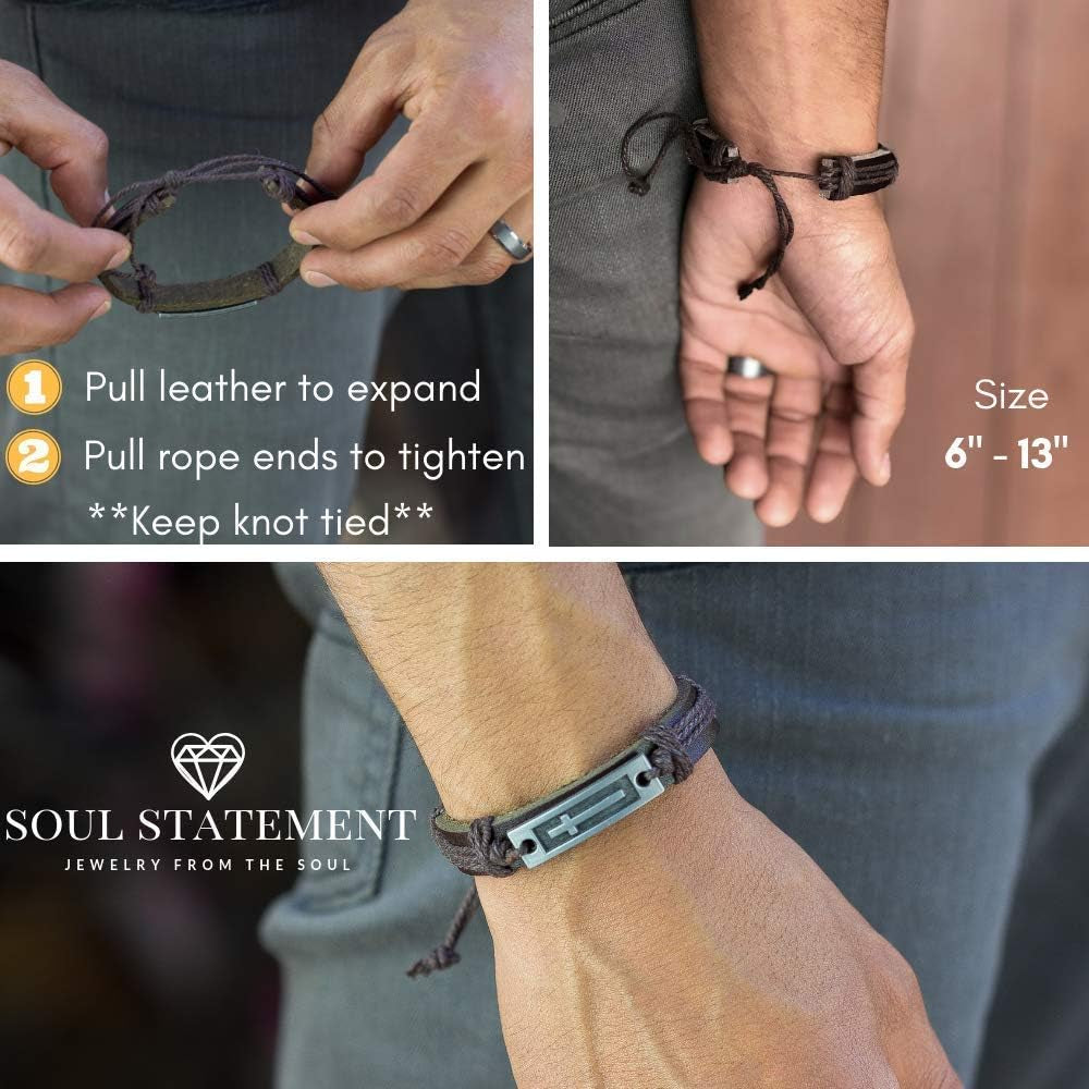 ✝ Men's Black Leather Cross Bracelet – Adjustable Christian Faith Wristband Religious Gift for Men & Teens