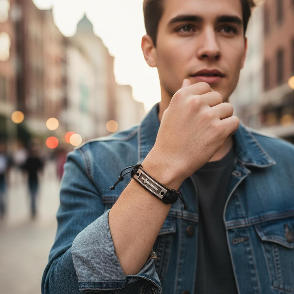 ✝ Men's Black Leather Cross Bracelet – Adjustable Christian Faith Wristband Religious Gift for Men & Teens