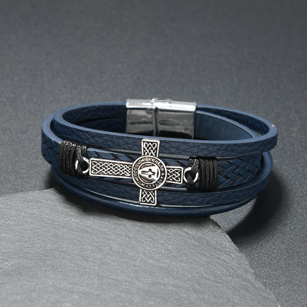 ✝ Men's Vintage Celtic Cross Leather Bracelet Christian Faith Shield Braided Stainless Steel Religious Jewelry Gift