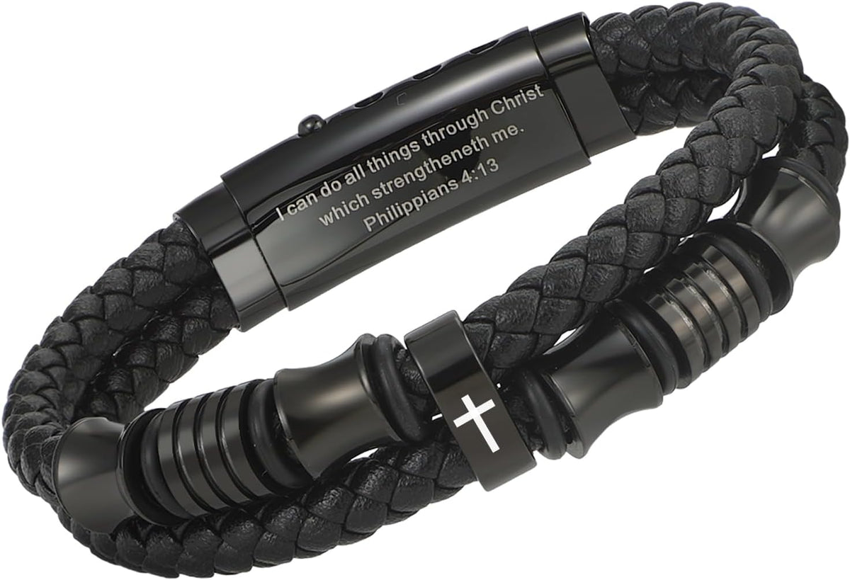 ✝ Men's Christian Cross Bracelet, Philippians 4:13 Bible Verse, Adjustable Braided Faith Jewelry Gift