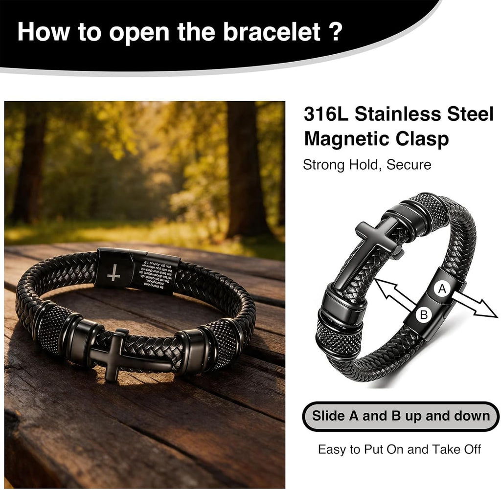 ✝ Men's Christian Cross Bracelet, Joshua 1:9 Bible Verse, Braided Leather Faith Jewelry, Religious Gift for Dad Husband Son