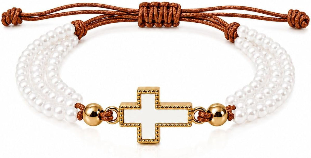 Saint Dymphna Catholic Pearl Cross Bracelet for Women Faith Religious Jewelry Gift