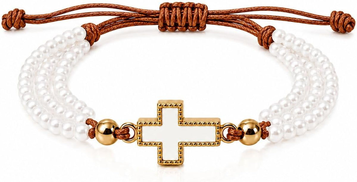 Saint Dymphna Catholic Pearl Cross Bracelet for Women Faith Religious Jewelry Gift