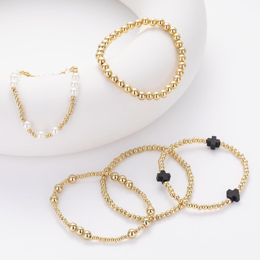 Gold Beaded Pearl Cross Bracelet Set 5-Piece Christian Stretch Jewelry Stackable Faith Gift for Women