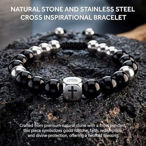 Men's Black Onyx Cross Bracelet Joshua 1:9 Christian Bible Verse Faith Jewelry Gift