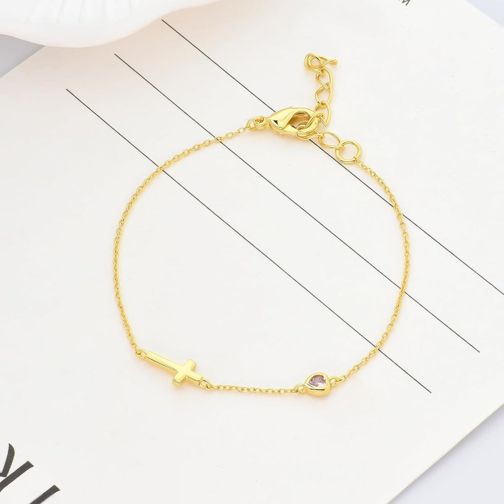 Women's 14K Gold Plated Cross Birthstone Bracelet Aquamarine Christian Jewelry Gift for Mom Wife Grandma