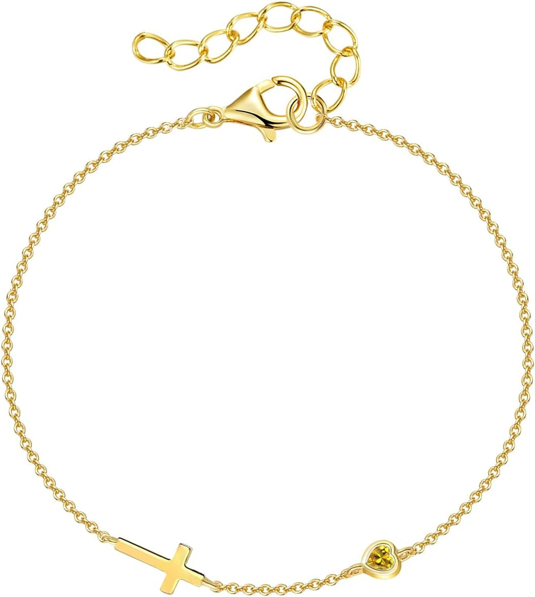 Women's 14K Gold Plated Cross Birthstone Bracelet Aquamarine Christian Jewelry Gift for Mom Wife Grandma