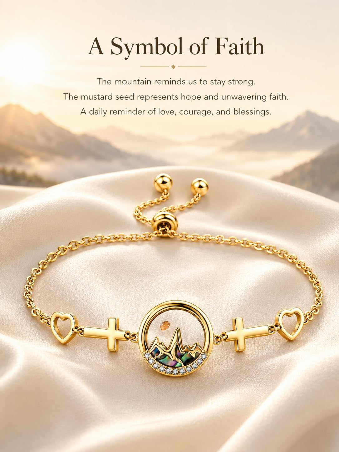 ✝ Women's 14K Gold Mustard Seed Cross Bracelet Adjustable Faith Jewelry Inspirational Gift for Baptism Confirmation
