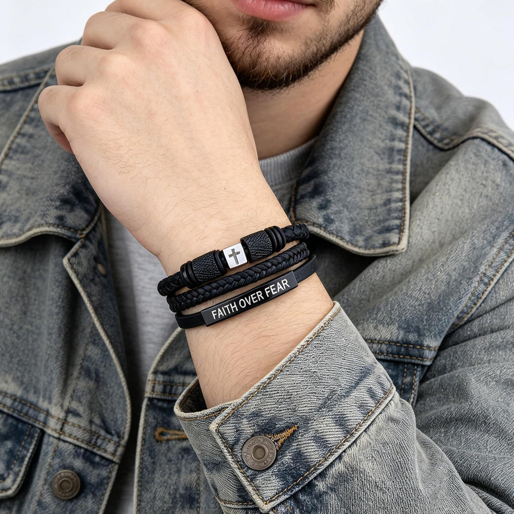 ✝ Men's Leather Cross Bracelet Faith Over Fear Christian Jewelry Gift for Dad Husband Son Brother
