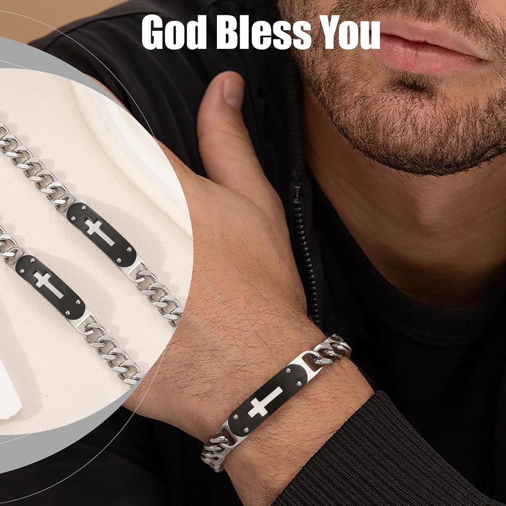✝ Men's Cross Cuban Link Bracelet Christian Faith Stainless Steel Baptism Communion Gift for Him