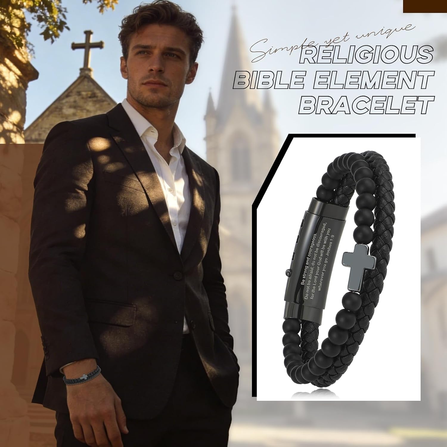 ✝ Men's Christian Cross Bracelet, Joshua 1:9 Bible Verse, Adjustable Braided Faith Jewelry Gift