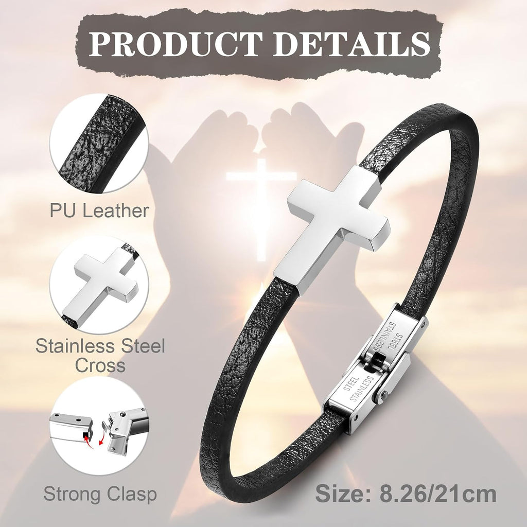 Men's Leather Cross Bracelet 316L Stainless Steel Christian Faith Religious Jewelry Gift for Dad Husband Son Brother