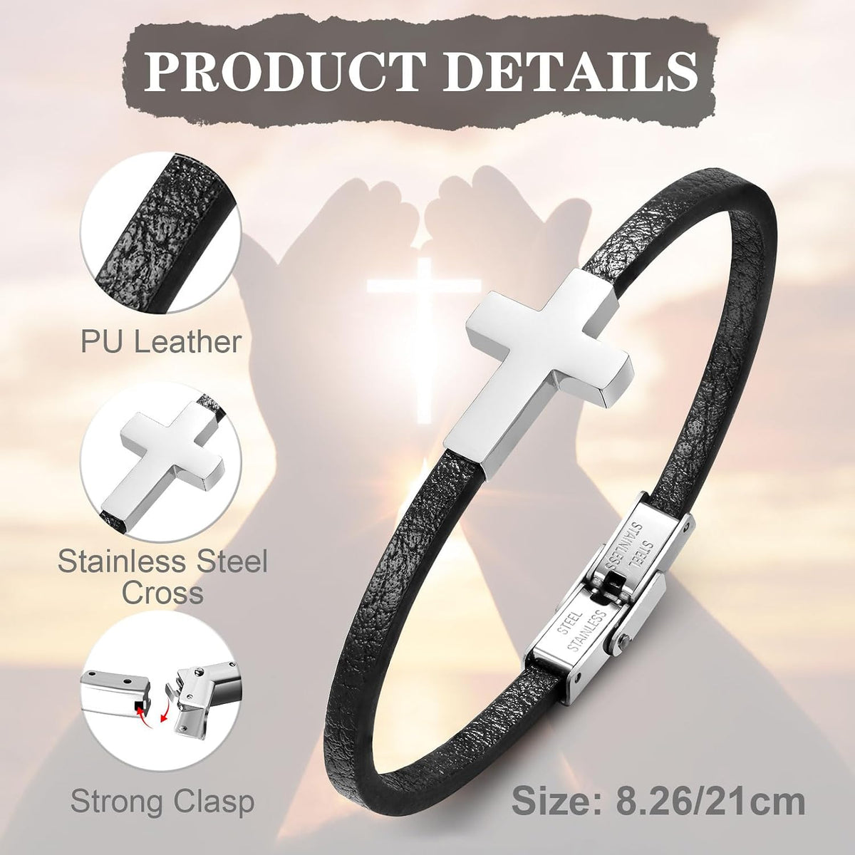 Men's Leather Cross Bracelet 316L Stainless Steel Christian Faith Religious Jewelry Gift for Dad Husband Son Brother