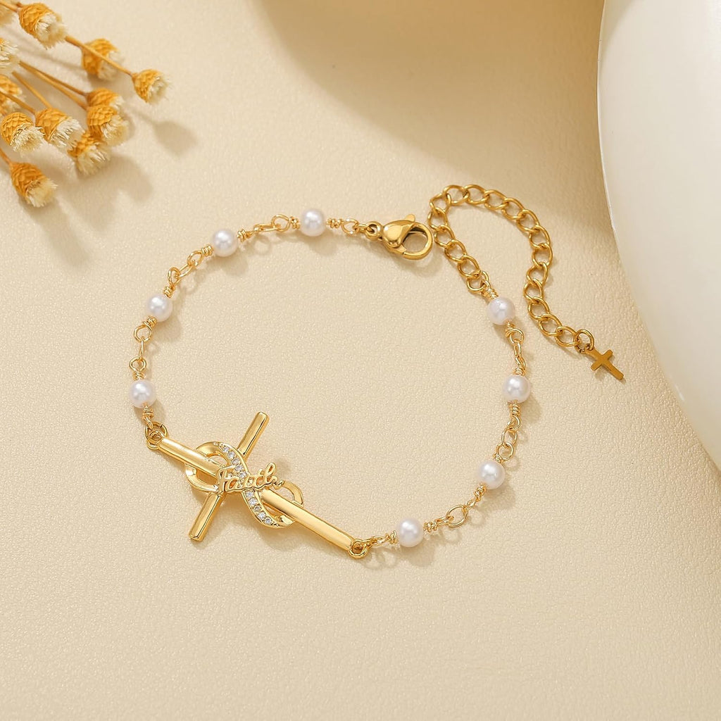 ✝ Women's 18K Gold Faith Cross Bracelet Stainless Steel Pearl Chain Christian Religious Jewelry Inspirational Gift for Mom