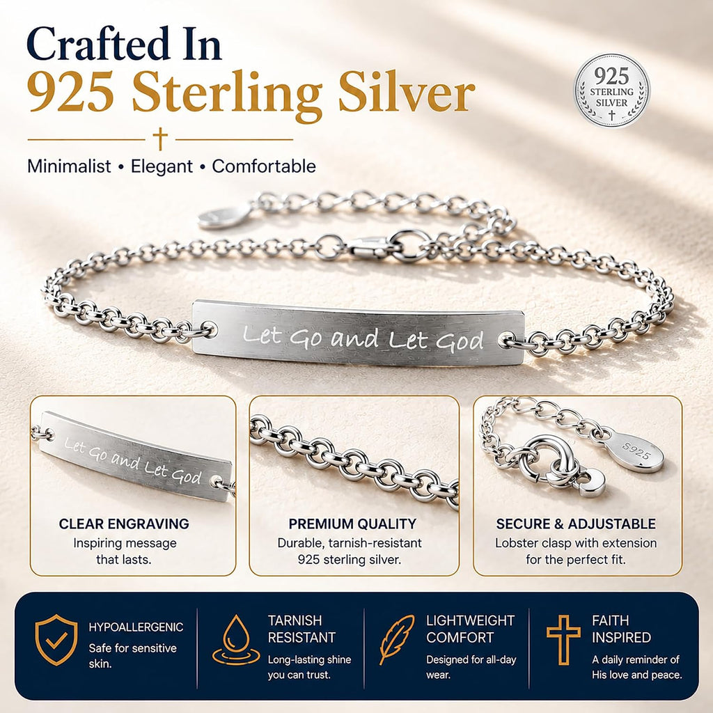 ✝ Women's Let Go and Let God Bracelet 925 Sterling Silver Christian Faith Inspirational Jewelry Gift Daughter Sister Friend