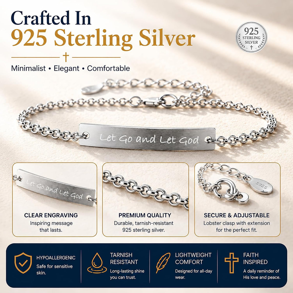 ✝ Women's Let Go and Let God Bracelet 925 Sterling Silver Christian Faith Inspirational Jewelry Gift Daughter Sister Friend