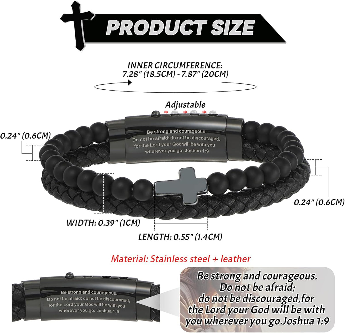 ✝ Men's Christian Cross Bracelet, Joshua 1:9 Bible Verse, Adjustable Braided Faith Jewelry Gift