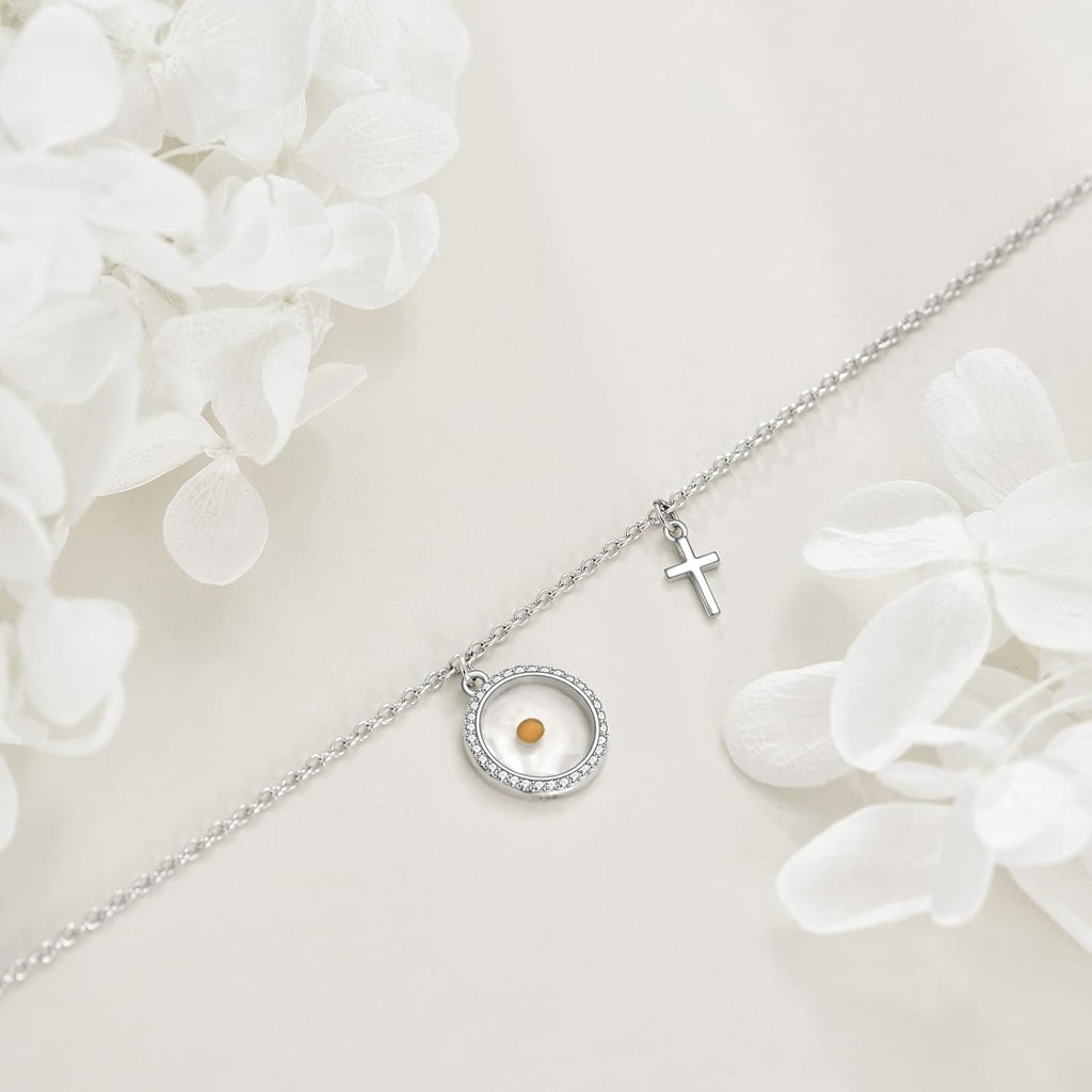 Women's 925 Sterling Silver Mustard Seed Cross Bracelet Christian Faith Jewelry Inspirational Gift for Mom Wife Sister