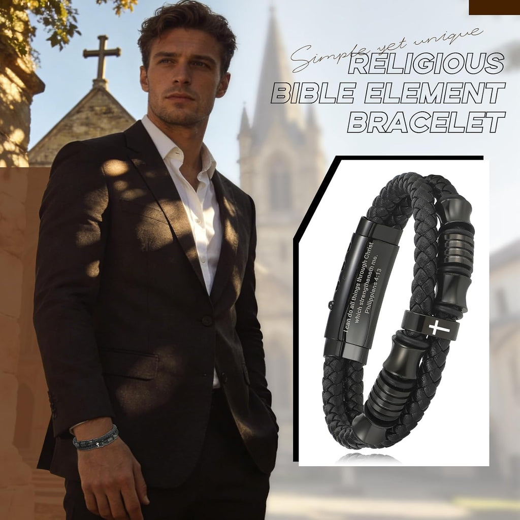 ✝ Men's Christian Cross Bracelet, Philippians 4:13 Bible Verse, Adjustable Braided Faith Jewelry Gift