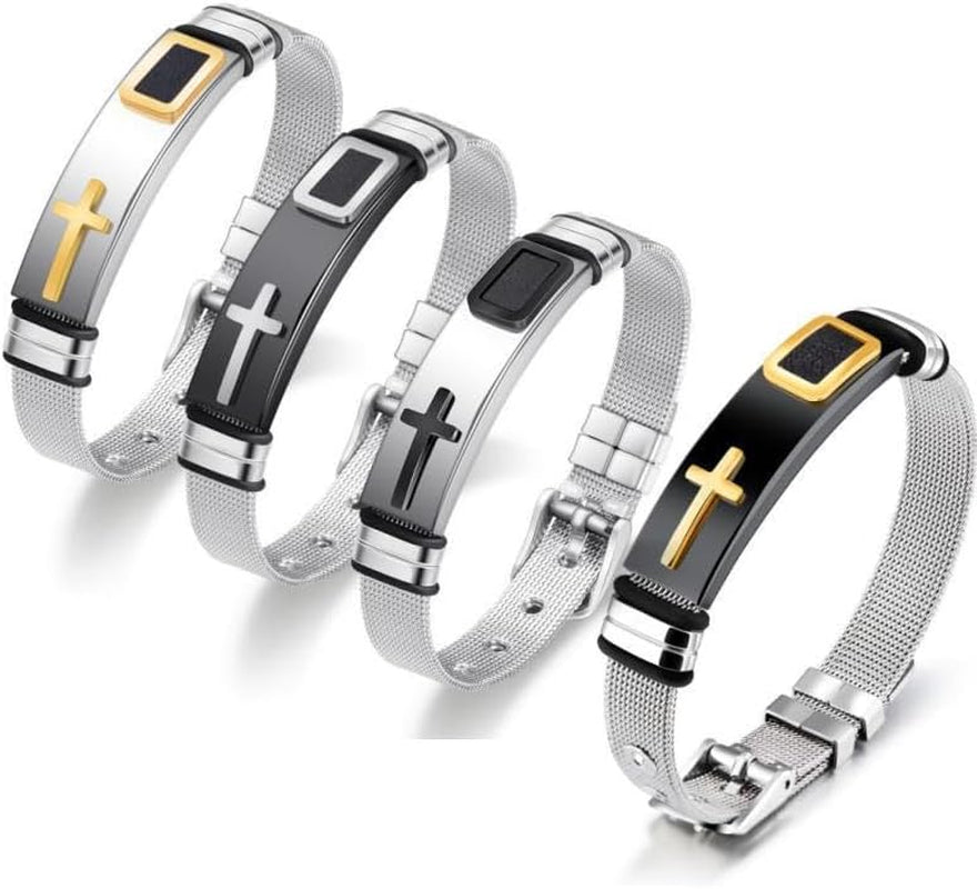 ✝ Men's Holy Cross Bracelet Stainless Steel Black Silver Adjustable Vintage Christian Religious Jewelry Gift