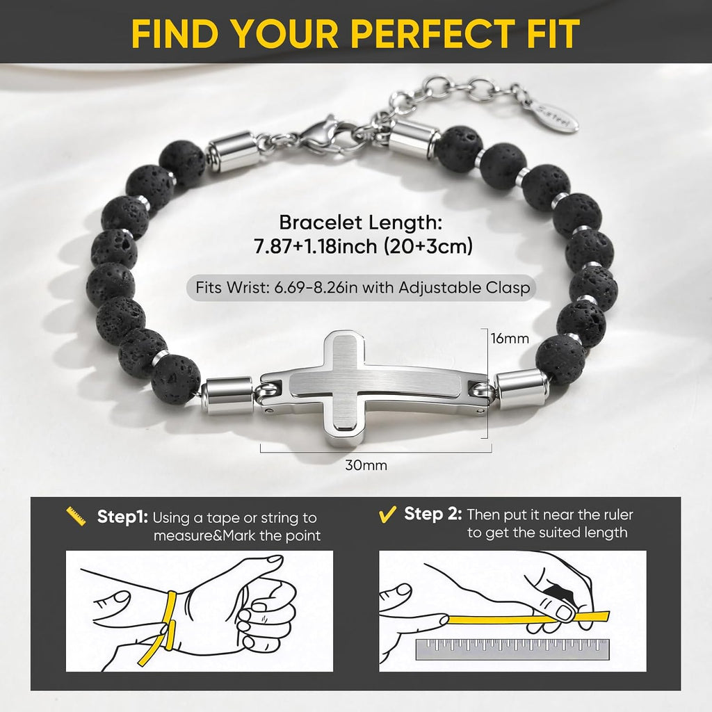 Christian Cross Bracelet for Men : Tiger Eye/Black Agate/Lava/Wood Bead Bracelets,Adjustable Stainless Steel Religious Cross Chain,Mens Jewelry Gift for Birthday Anniversary Boyfriend Husband Dad Him