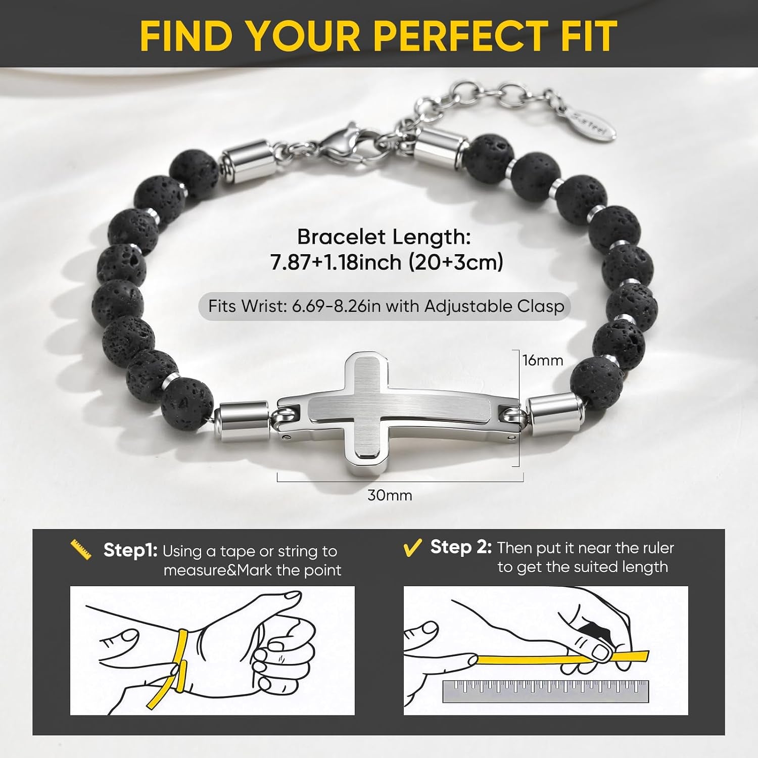 Christian Cross Bracelet for Men : Tiger Eye/Black Agate/Lava/Wood Bead Bracelets,Adjustable Stainless Steel Religious Cross Chain,Mens Jewelry Gift for Birthday Anniversary Boyfriend Husband Dad Him