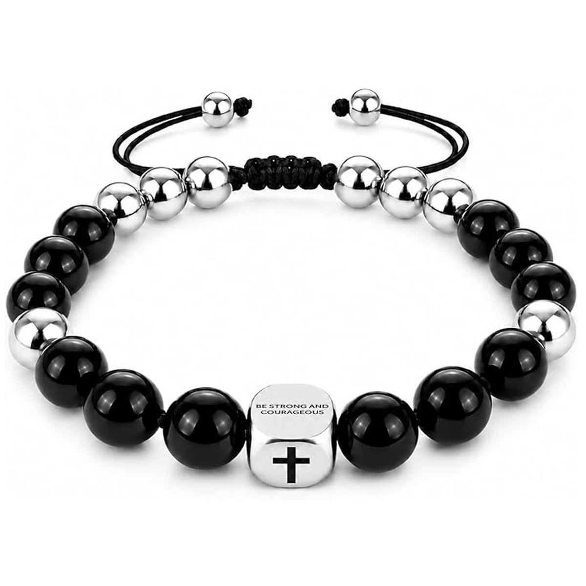 ✝ Men's Black Onyx Cross Bracelet Joshua 1:9 Christian Bible Verse Faith Jewelry Gift