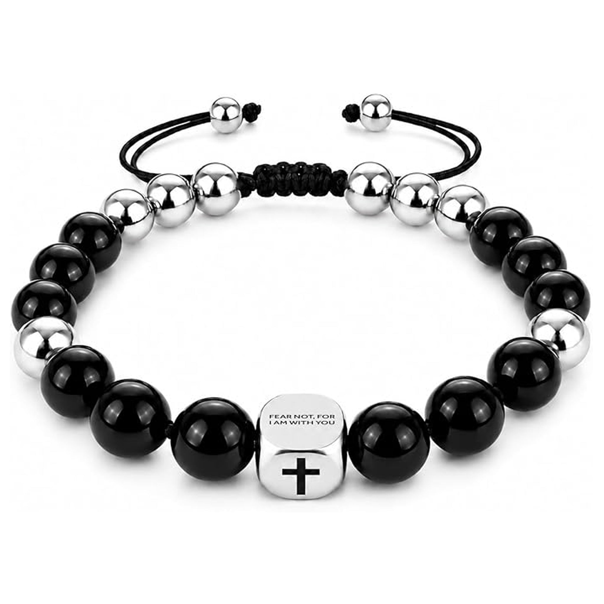 ✝ Men's Black Onyx Cross Bracelet Joshua 1:9 Christian Bible Verse Faith Jewelry Gift