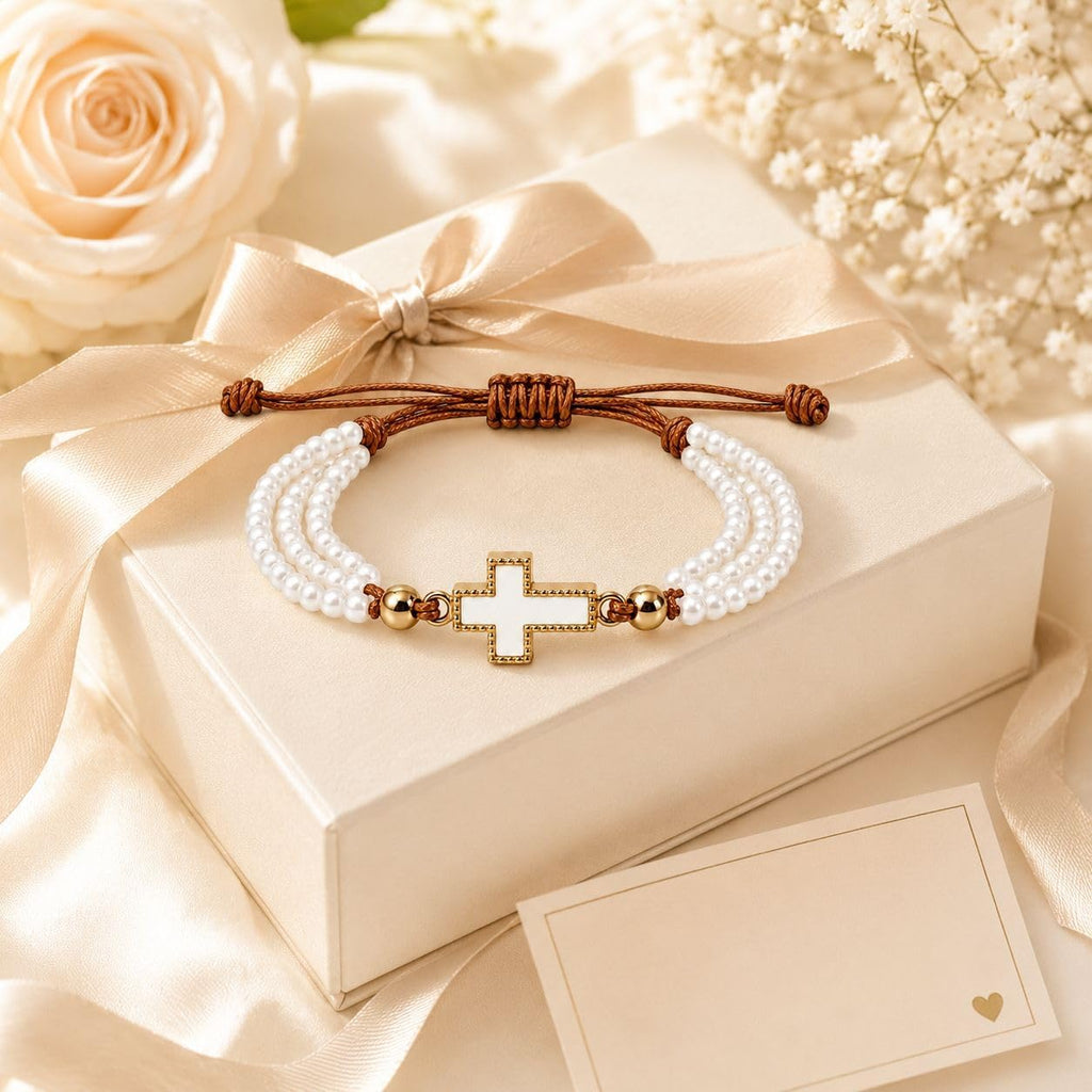 Saint Dymphna Catholic Pearl Cross Bracelet for Women Faith Religious Jewelry Gift