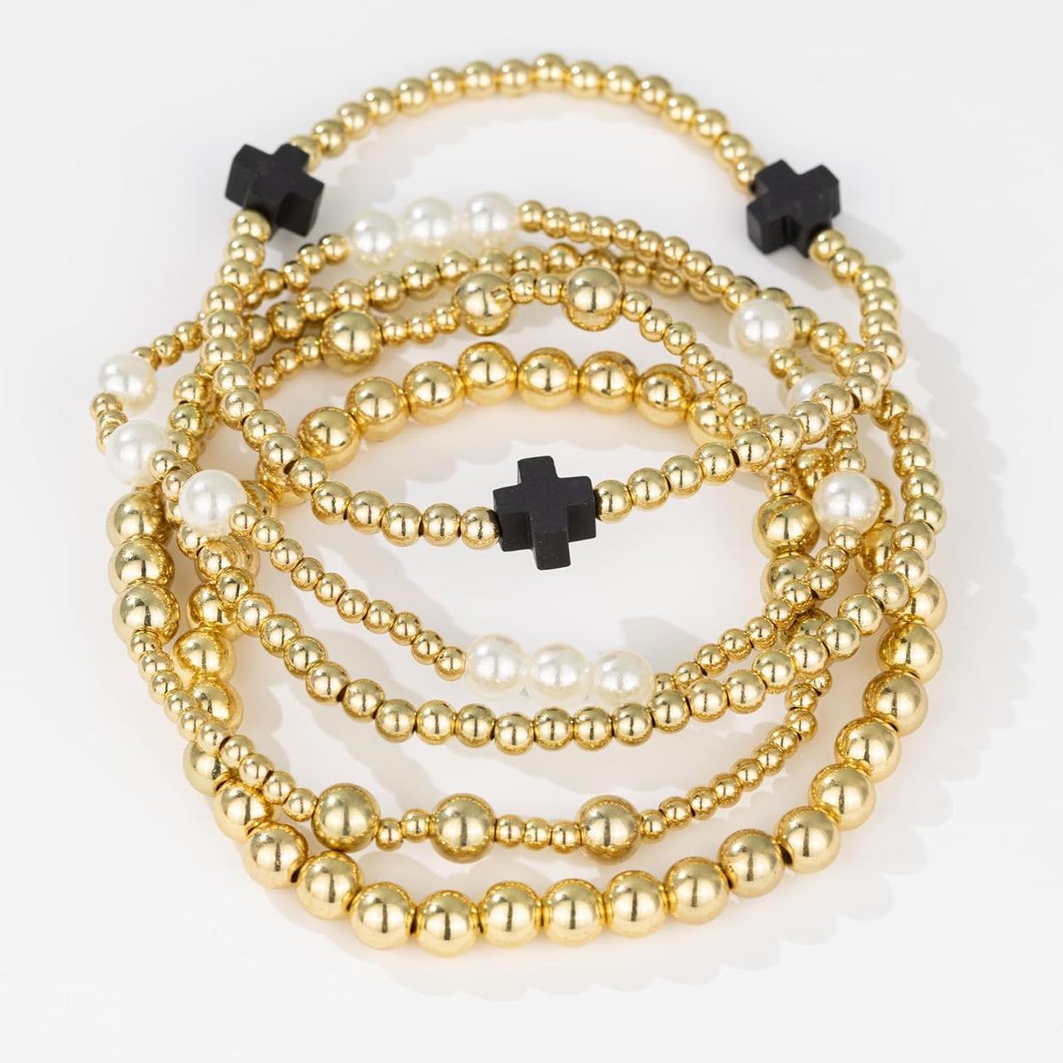 Gold Beaded Pearl Cross Bracelet Set 5-Piece Christian Stretch Jewelry Stackable Faith Gift for Women