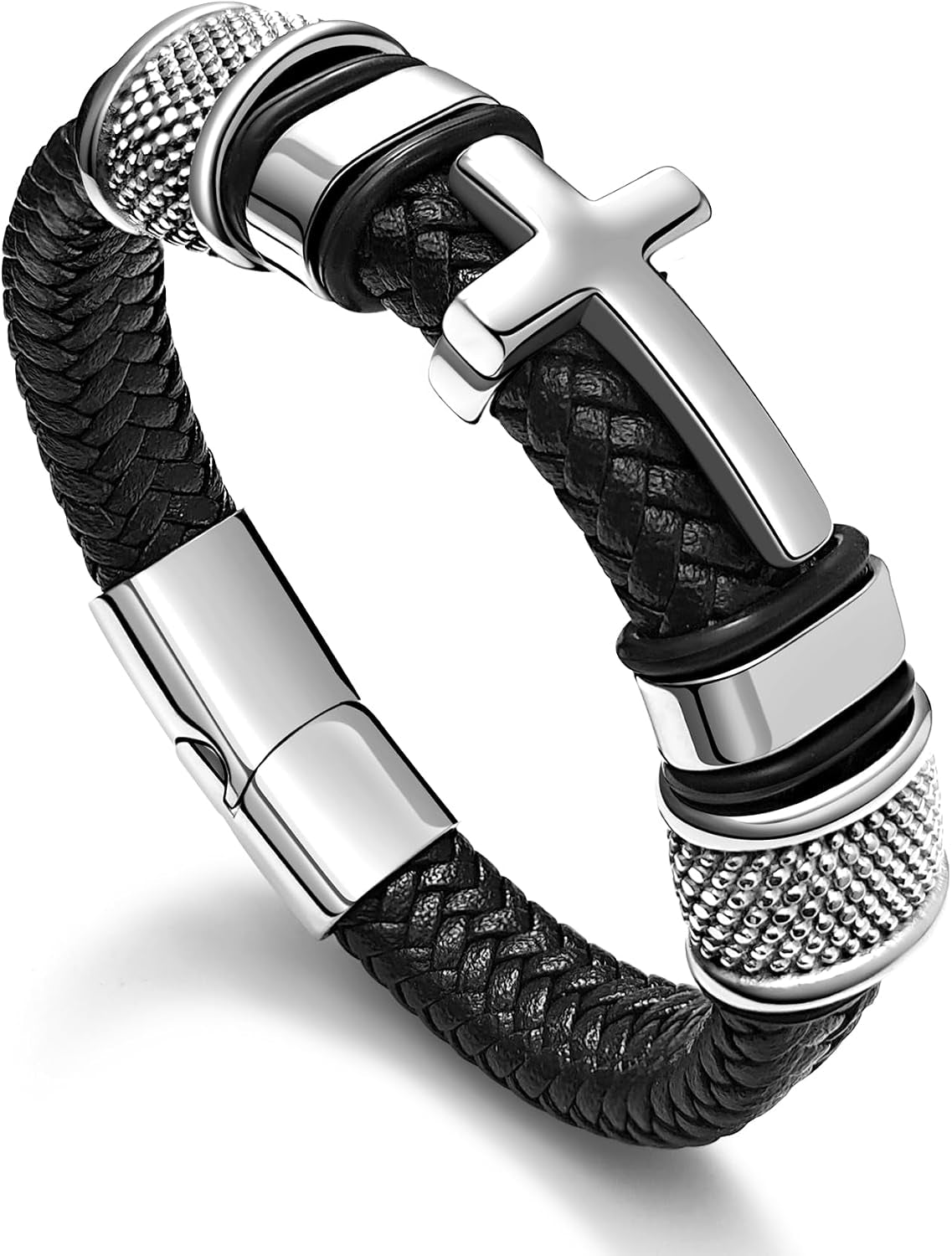 Men's Black Cross Cuff Bracelet Philippians 4:13 Stainless Steel Braided Leather Bible Verse