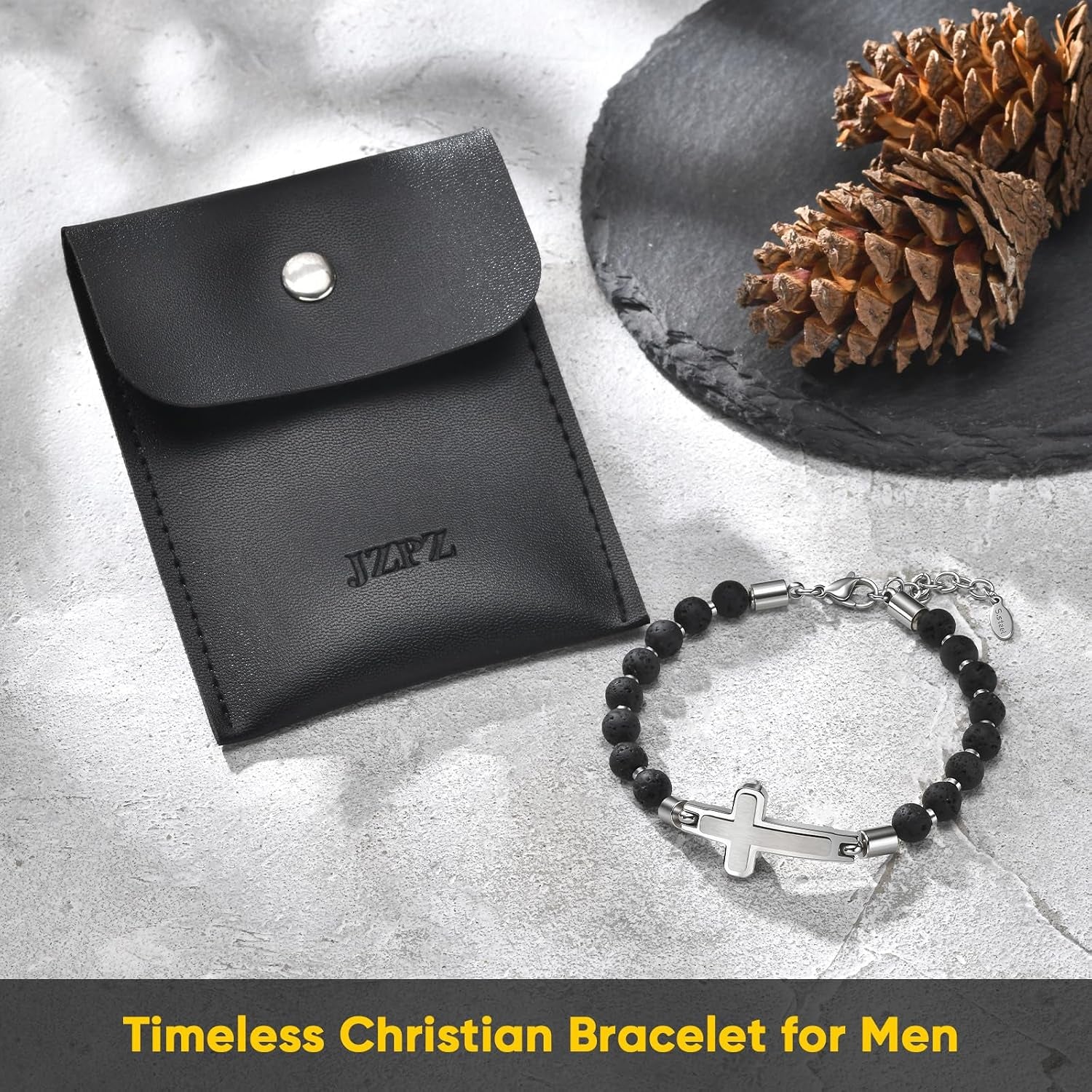 Christian Cross Bracelet for Men : Tiger Eye/Black Agate/Lava/Wood Bead Bracelets,Adjustable Stainless Steel Religious Cross Chain,Mens Jewelry Gift for Birthday Anniversary Boyfriend Husband Dad Him