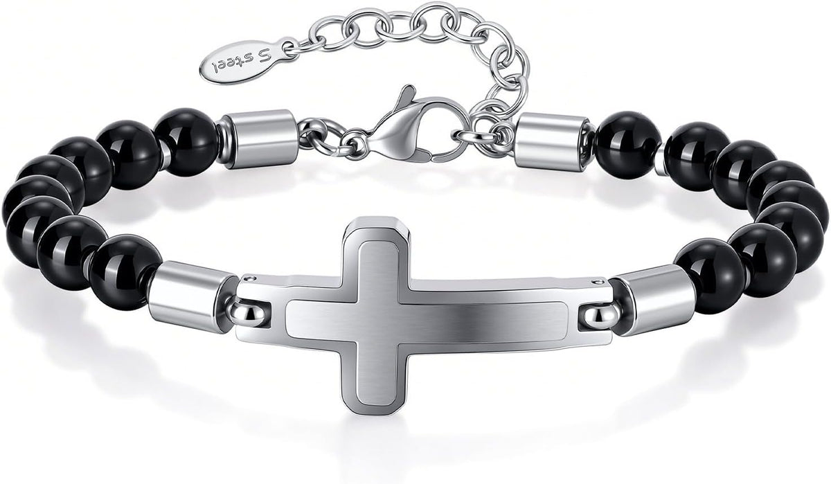 Christian Cross Bracelet for Men : Tiger Eye/Black Agate/Lava/Wood Bead Bracelets,Adjustable Stainless Steel Religious Cross Chain,Mens Jewelry Gift for Birthday Anniversary Boyfriend Husband Dad Him