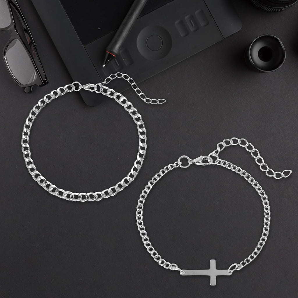✝ 2 Pack Silver Cross and Cuban Link Bracelets for Men Christian Jewelry Gift