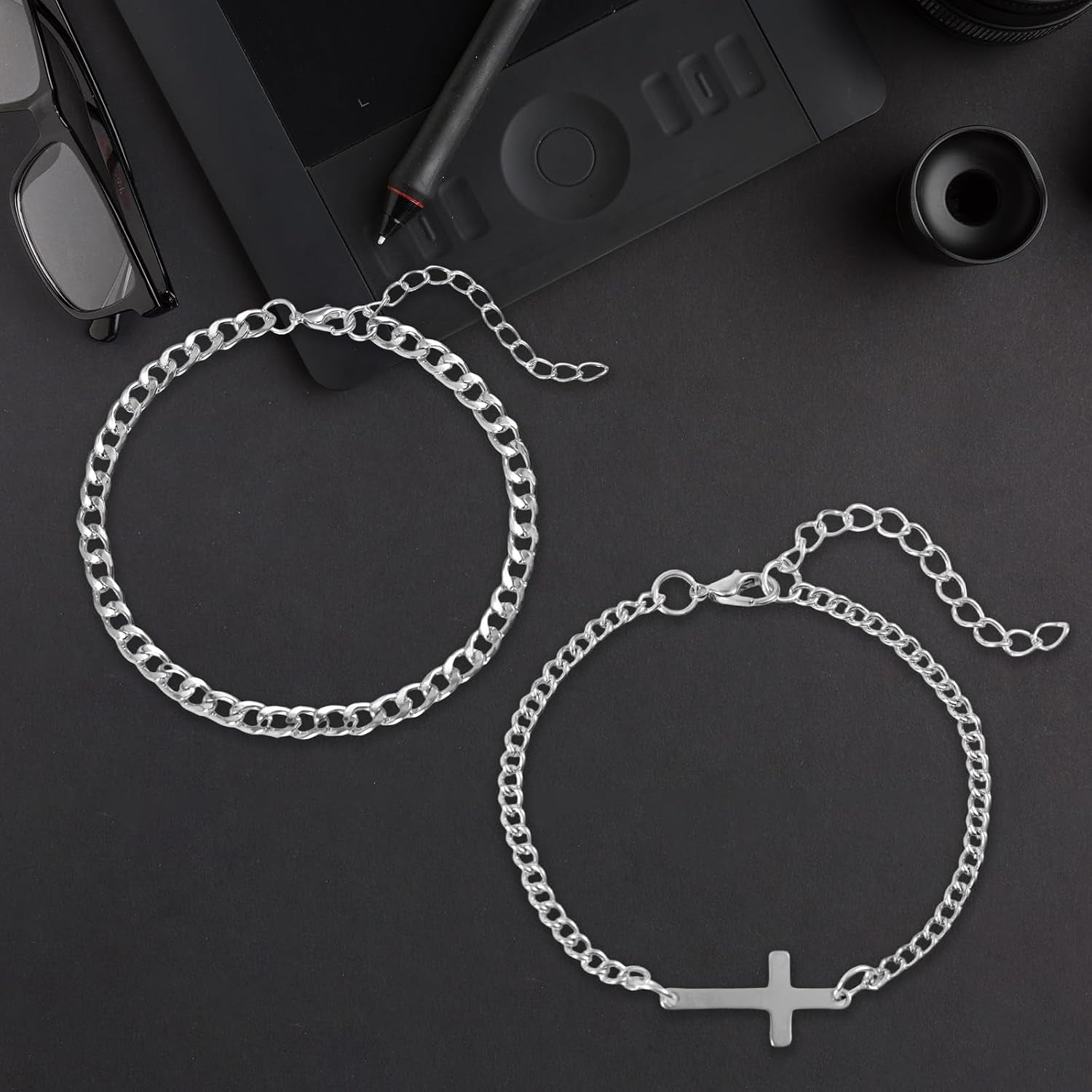 ✝ 2 Pack Silver Cross and Cuban Link Bracelets for Men Christian Jewelry Gift