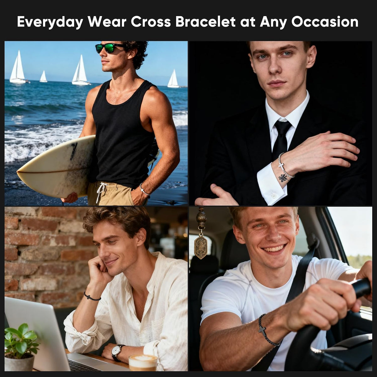 ✝ Men's Christian Cross Bracelet, Stainless Steel Rolo Chain Faith Jewelry Religious Gift