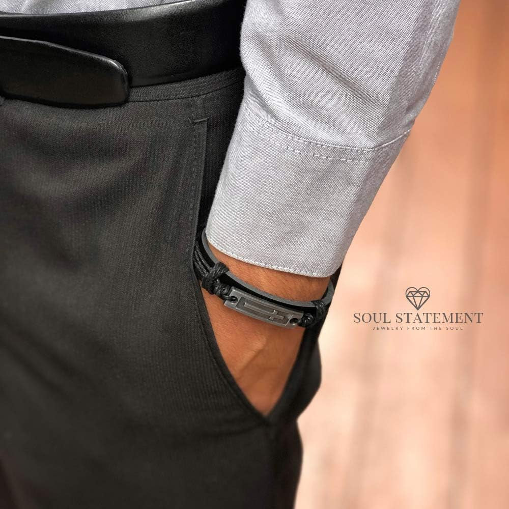 ✝ Men's Black Leather Cross Bracelet – Adjustable Christian Faith Wristband Religious Gift for Men & Teens