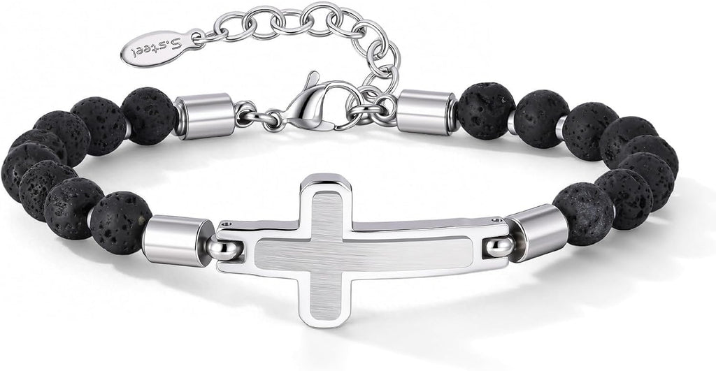 Christian Cross Bracelet for Men : Tiger Eye/Black Agate/Lava/Wood Bead Bracelets,Adjustable Stainless Steel Religious Cross Chain,Mens Jewelry Gift for Birthday Anniversary Boyfriend Husband Dad Him