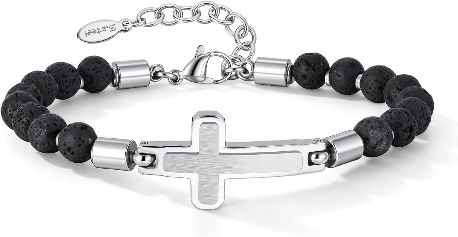 Christian Cross Bracelet for Men : Tiger Eye/Black Agate/Lava/Wood Bead Bracelets,Adjustable Stainless Steel Religious Cross Chain,Mens Jewelry Gift for Birthday Anniversary Boyfriend Husband Dad Him