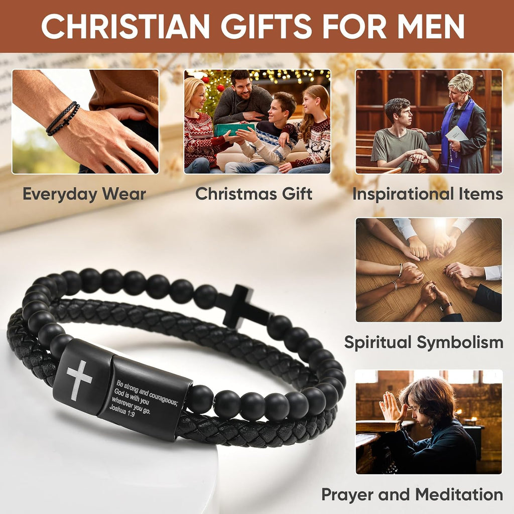 Men'S Cross Bracelet for Men - Bible Verse Bead Rosary Braided Black Genuine Leather Bracelets, Bangle Engraved Love You Forever, Christian Catholic Religious Jewelry Christmas Gifts Ideas for Man