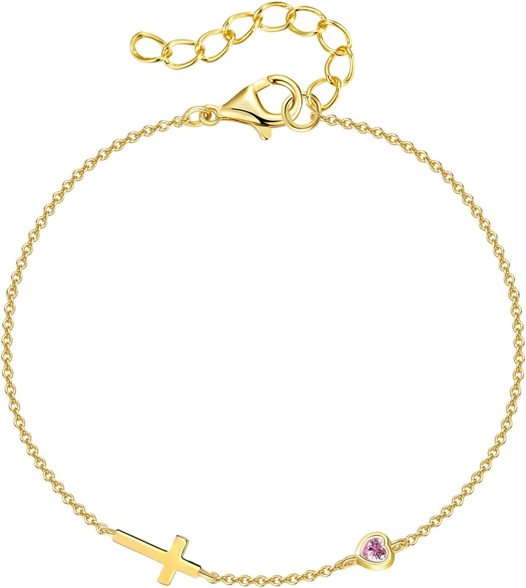 Women's 14K Gold Plated Cross Birthstone Bracelet Aquamarine Christian Jewelry Gift for Mom Wife Grandma